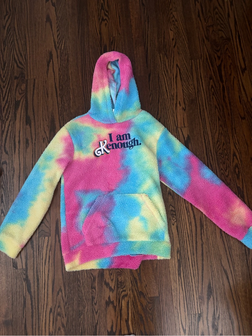 Barbie Movie I am Kenough Tie-Dye Sherpa Fleece Hoodie Pink Blue Yellow Medium